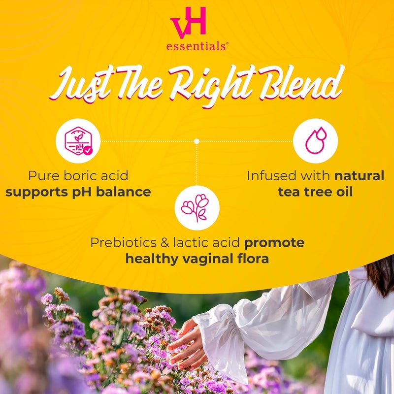 vH Essentials Boric Acid and Tea Tree Vaginal Suppositories - Prebiotics Formula with Lactic Acid - PH Balance, Odor Control, Feminine Care - 24 Suppositories and Applicator, White, 2.4 Ounces - Image 4